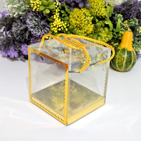 Cutie din plastic transparent cu manere din snur auriu 10cm x 10cm x 11 cm [2]