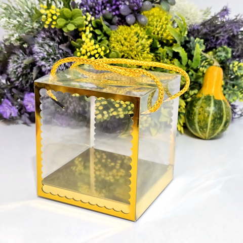 Cutie din plastic transparent cu manere din snur auriu 10cm x 10cm x 11 cm [1]