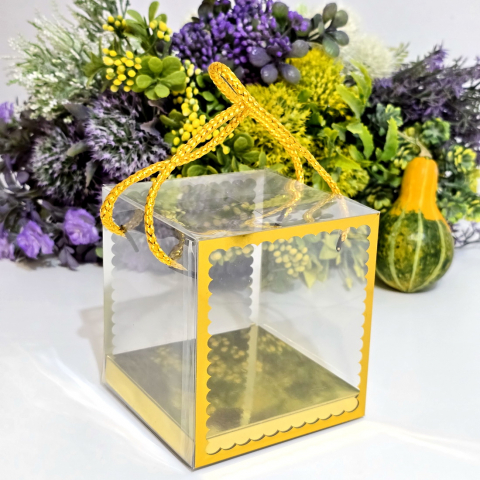 Cutie din plastic transparent cu manere din snur auriu 10cm x 10cm x 11 cm [5]