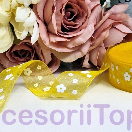 Panglici decorative - Panglica organza galbena cu flori albe