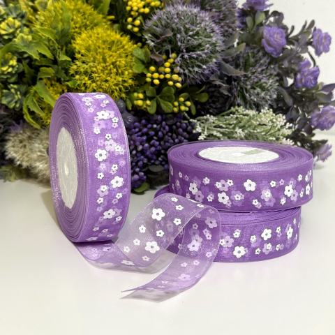 Panglici decorative - Panglica organza mov cu flori albe rola