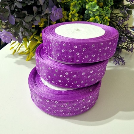 Panglici decorative - Panglica organza mov cu flori albe rola