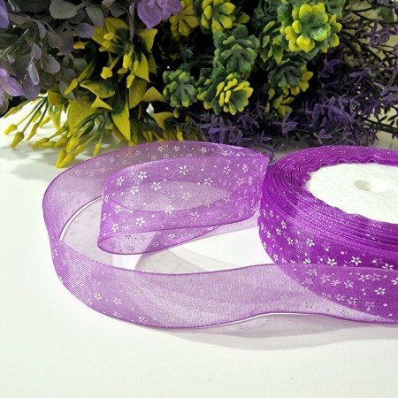 Panglica organza mov cu flori albe rola [4]