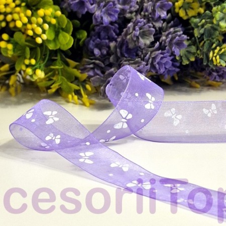 Panglici decorative - Panglica organza mov cu fluturi albi