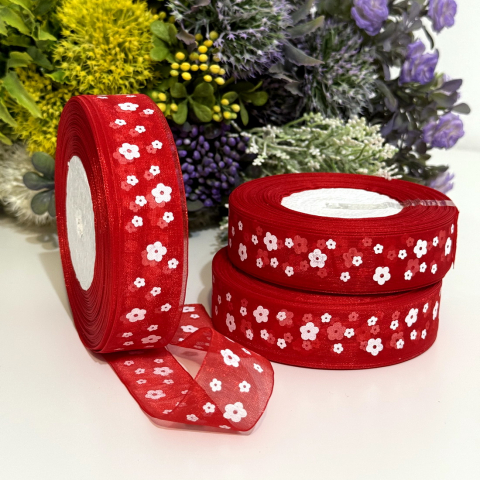 Noutăți - Panglica organza rosie cu flori albe rola