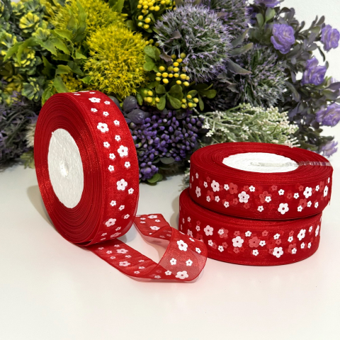 Panglica organza rosie cu flori albe rola [1]