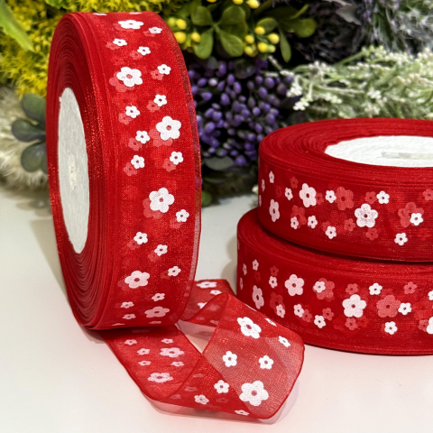 Panglica organza rosie cu flori albe rola [2]