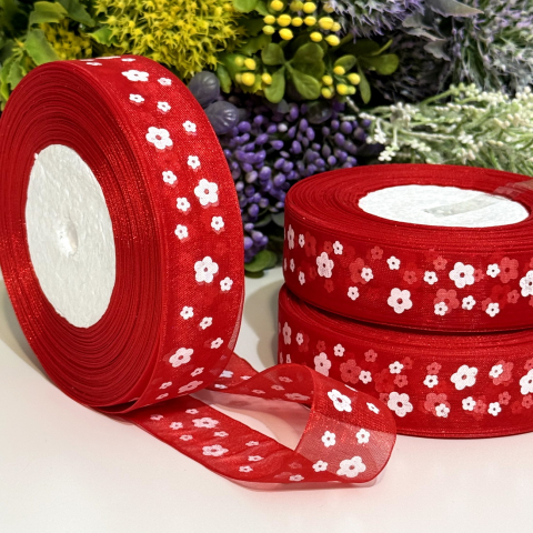 Panglica organza rosie cu flori albe rola [3]