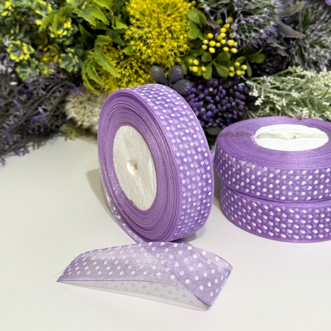 Panglici decorative - Panglica organza mov cu buline albe rola