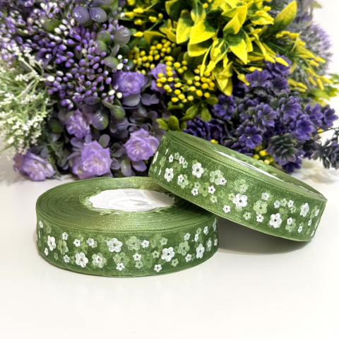 Panglici decorative - Panglica organza verde cu flori albe rola