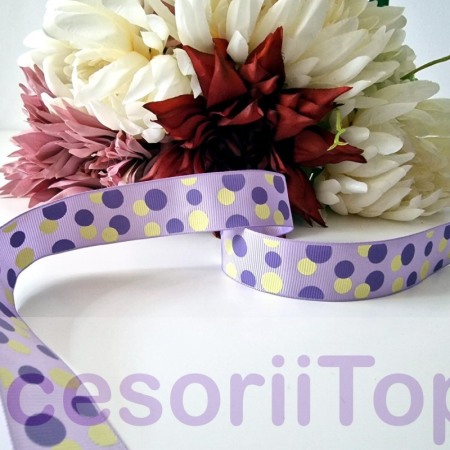 Panglici decorative - Panglica ripsata mov cu buline galbene si mov