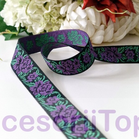 Panglici decorative - Panglica tesuta cu trandafiri mov pe fond negru