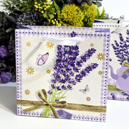 Pungi din carton model lavanda cu manere albe 15cm x 14,5cm [6]
