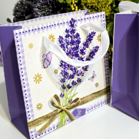 Pungi din carton model lavanda cu manere albe 15cm x 14,5cm [4]