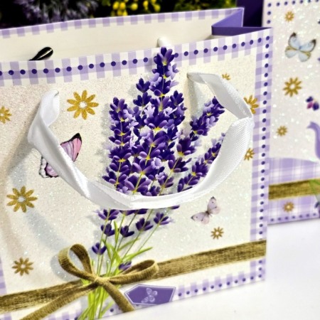 Pungi din carton model lavanda cu manere albe 15cm x 14,5cm [3]