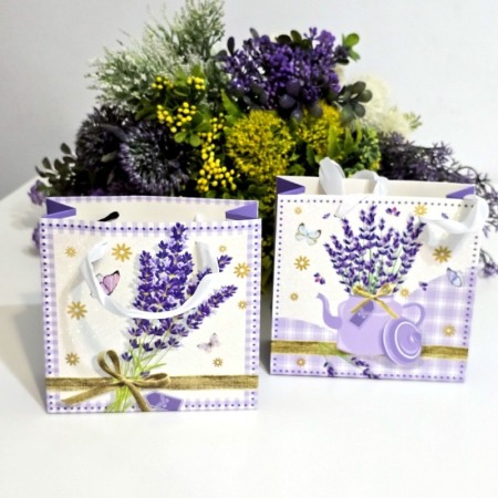 Pungi din carton model lavanda cu manere albe 15cm x 14,5cm [2]