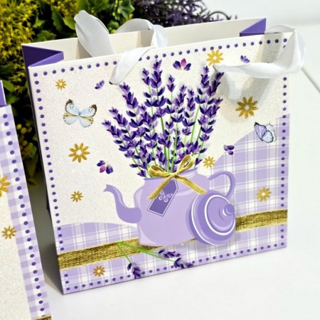 Pungi din carton model lavanda cu manere albe 15cm x 14,5cm [1]