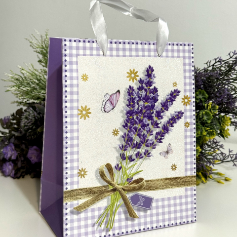 Pungi pentru cadouri - Pungi din carton model lavanda cu manere albe 23cm x 18cm
