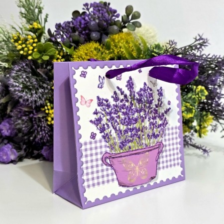 Pungi pentru cadouri - Pungi din carton model lavanda cu manere mov 15cm x 14,5cm