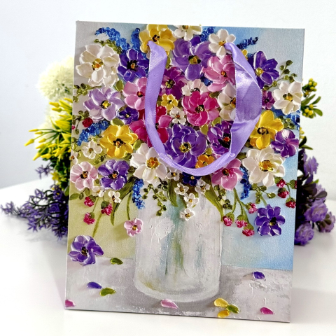 Accesorii din hartie si carton - Pungi din carton mov imprimeu flori primavara 23cm x 18cm x 8cm