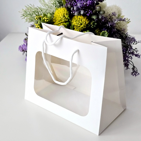 Pungi din hartie cartonata alba cu fereastra 20cm x 18cm x 8cm [3]