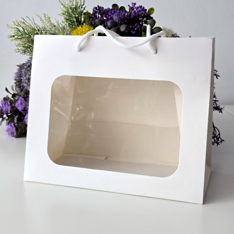 Pungi pentru cadouri - Pungi din hartie cartonata alba cu fereastra 20cm x 18cm x 8cm
