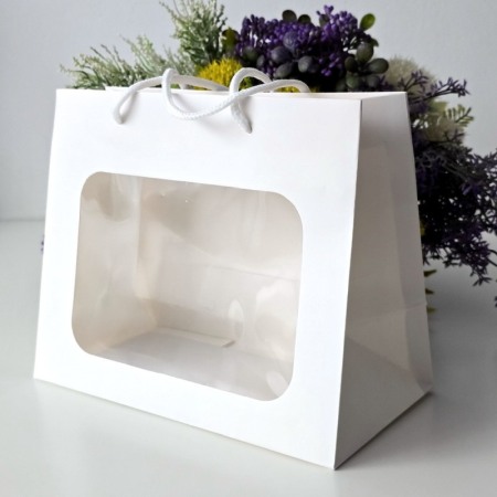 Pungi din hartie cartonata alba cu fereastra 23cm x 19cm x 12cm