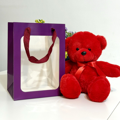 Pungi pentru cadouri - Pungi din hartie cartonata mov cu fereastra 25cm x 18cm x 13cm