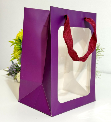 Accesorii din hartie si carton - Pungi din hartie cartonata mov cu fereastra 25cm x 18cm x 13cm