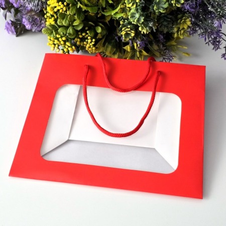 Pungi din hartie cartonata rosie cu fereastra 23cm x 19cm x 12cm [4]