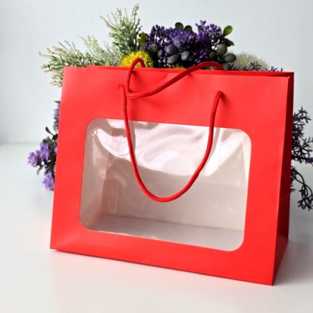 Pungi din hartie cartonata rosie cu fereastra 23cm x 19cm x 12cm [1]