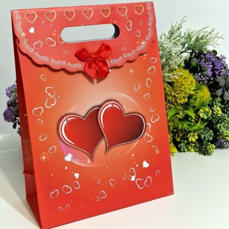 Accesorii din hartie si carton - Pungi din hartie rosie cu inimi si funda 27cm x 19cm