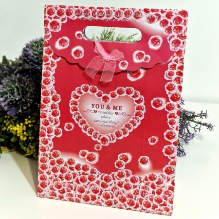 Pungi din hartie rosie - You & Me - cu funda 27cm x 19cm [4]
