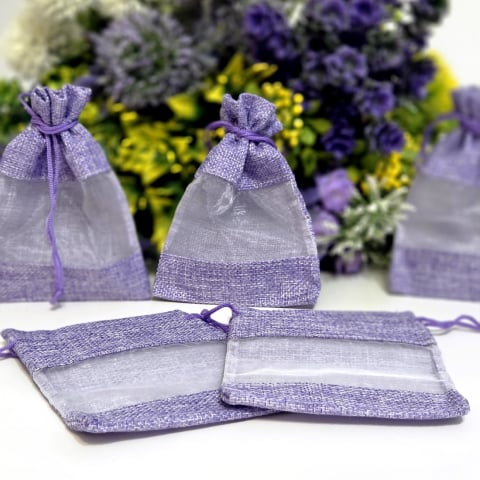 Saculeti din panza - Saculeti din panza mov cu fereastra organza 14 cm x 10 cm