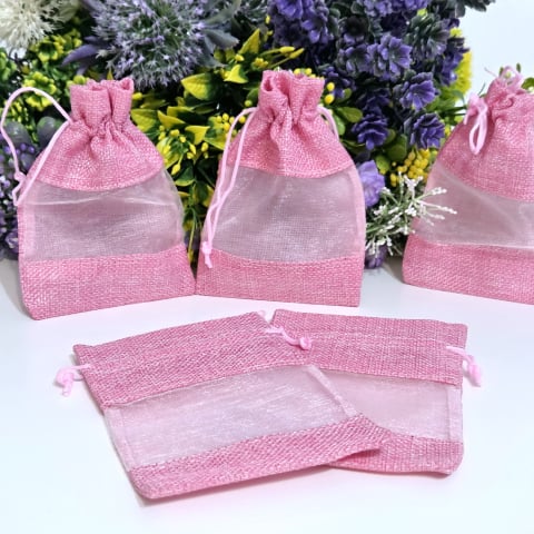 Saculeti din panza - Saculeti din panza roz cu fereastra organza 14 cm x 10 cm