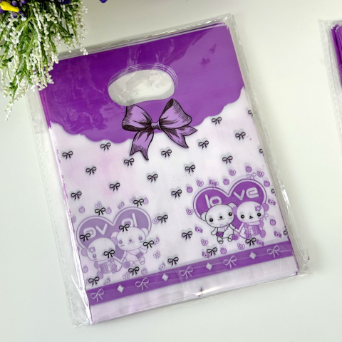 Pungi pentru cadouri - Set 100 pungi din plastic mov cu funda 20cm x 15cm