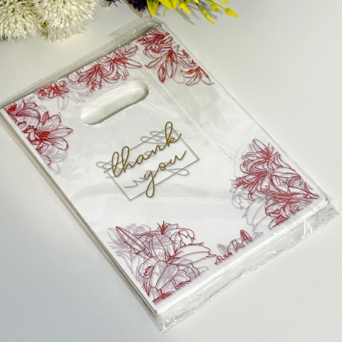 Pungi pentru cadouri - Set 100 pungi din plastic imprimeu rosu flori si fluturi 20cm x 15cm