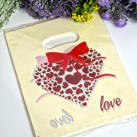 Set 100 pungi din plastic model inima cu funda 20cm x 15cm [3]