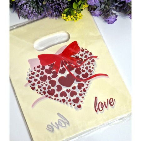 Acasa - Set 100 pungi din plastic model inima cu funda 20cm x 15cm