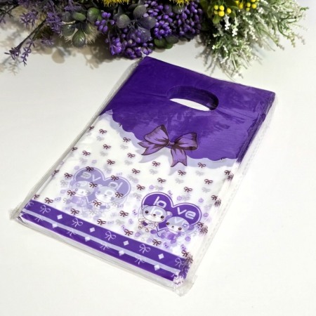 Noutăți - Set 50 pungi din plastic mov cu alb si funda mov 24cm x 18cm