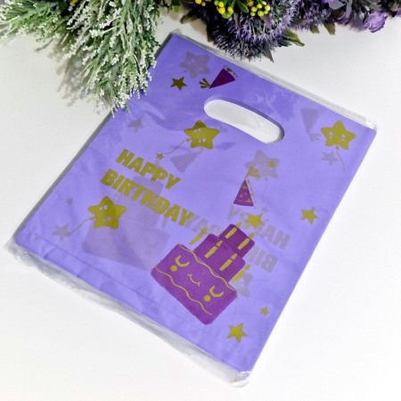 Set 100 pungi din plastic mov - Happy Birthday 25cm x 20cm