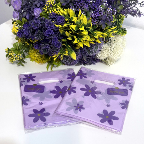 Pungi din plastic si seturi de pungi - Set 100 pungi plastic mov imprimeu flori mov 20cm x 15cm