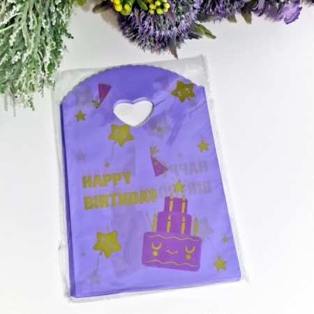 Set 50 pungi din plastic mov - Happy Birthday 18cm x 13cm