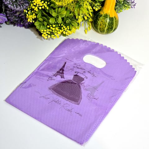 Acasa - Set 50 pungi din plastic mov imprimeu rochita fashion boutique 24cm x 18cm