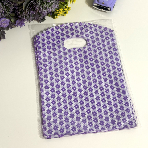 Set 50 pungi din plastic mov imprimeu flori mov 25cm x 18cm [4]