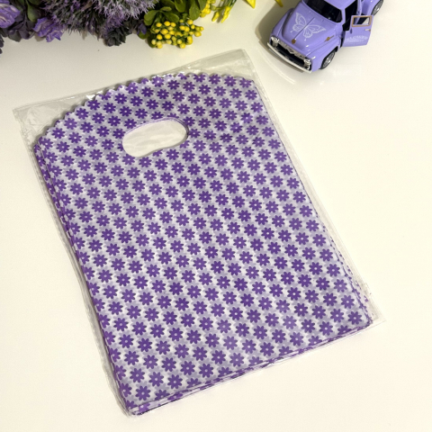 Acasa - Set 50 pungi din plastic mov imprimeu flori mov 25cm x 18cm