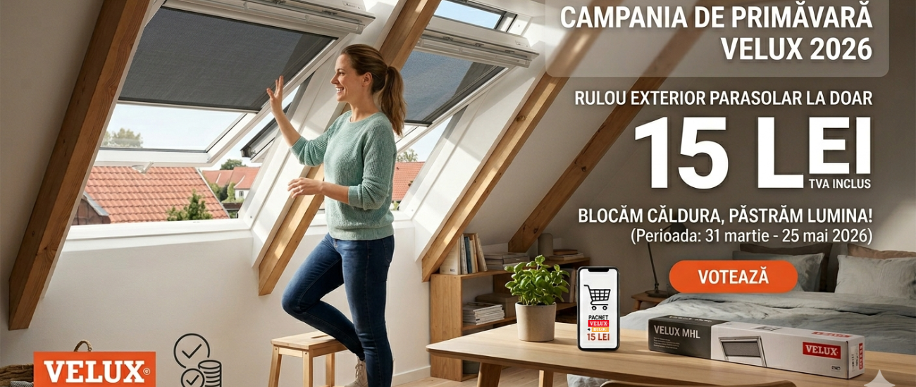 Pentru a beneficia de ruloul exterior parasolar la prețul simbolic de 15 lei (TVA inclus), trebuie să îndeplinești următoarele condiții:  Perioada campaniei: Achiziționează produsele eligibile între 31 martie și 25 mai 2026.  Pachetul eligibil: Cumpără orice fereastră de mansardă inclusă în promoție împreună cu rama de etanșare aferentă.