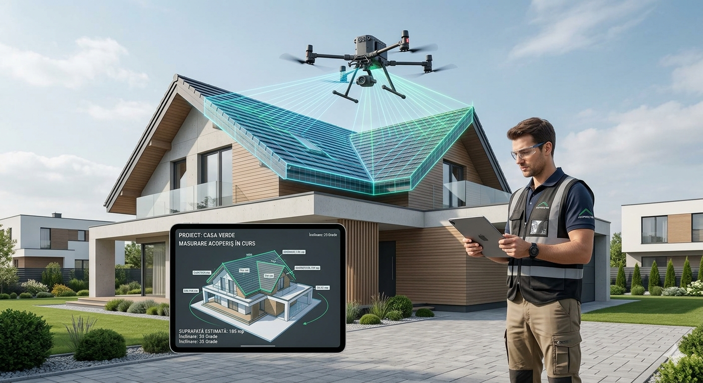 Măsurarea digitală a unui acoperiș modern cu drona acopera.ro, scanare 3D pentru precizie milimetrică și siguranță totală în construcții.