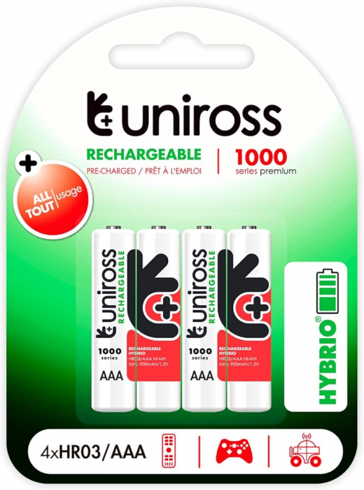 4 acumulatori NiMH AAA (R3) 1000 mAh marca UNIROSS ambalati intr-un blister [1]