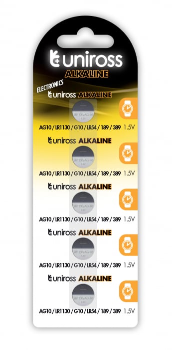 5 baterii alcaline LR54/AG10/LR1130 marca UNIROSS  ambalate intr-un blister [1]